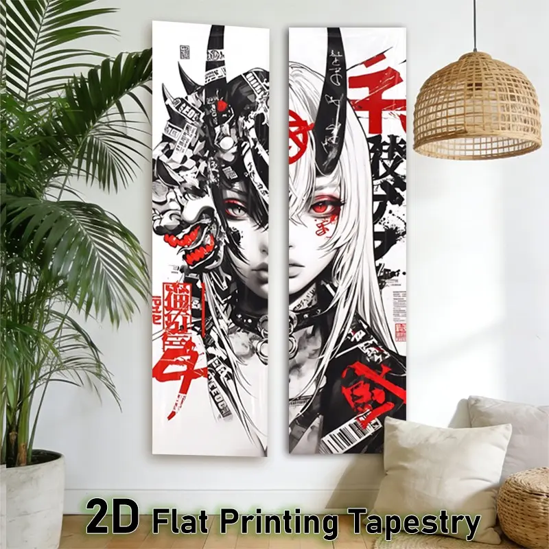 2D Flat 2pcs Samurai Mask & Anime Demon Girl Tapestry Wall Hanging, Japanese Manga Style Wall Decor, Dark Tribal Aesthetic, Polyester Edge, Bedroom Living Room, Home Decor