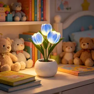 Blue Tulip Night Light with Ceramic Vase, LED Artificial Flower Lamp Atmosphere Table Centerpiece, Aesthetic Bedroom Bedside Desk Decor, Unique Real Touch Simulation Flower Gift for Women Mom Friends