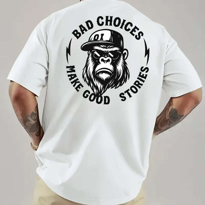 Bad Choices Make Good Stories Chimpanzee Print Men's Fitted Long Knit Casual Printed T-shirt, Menswear, Streetwear, Tops, Clothes