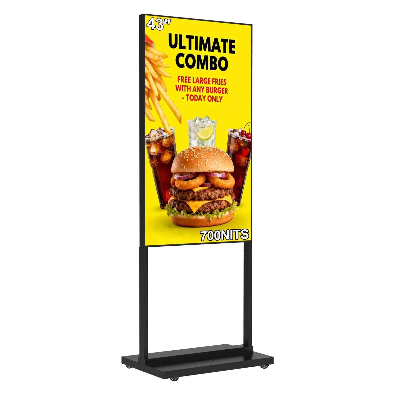 43 Inch Monitor Floor Standing Digital Signage, 700nits High Brightness Advertising Display, Digital Signage with CMS/U-Disk Plug&Play, Split Screen, 7/24 Timer Switch,HDMI/USB/WiFi/Android OS