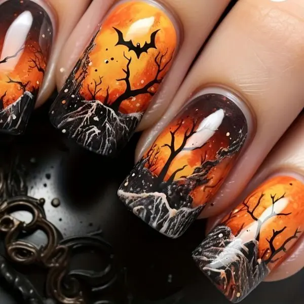 24PCS Halloween Press On Nails, Short Square Glossy Fake Nails, Bat Design Full Cover Reusable Stick On Nails for Women
