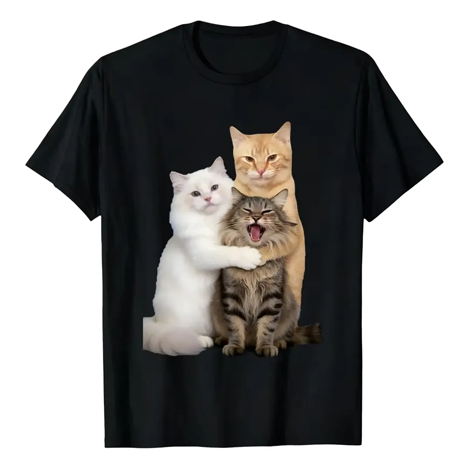 Men's Unisex Premium Soft Cotton Crew Neck Graphic Short-Sleeve Sports T-Shirt, 3 Funny Hugging Cats Meme Design for Cat Lovers