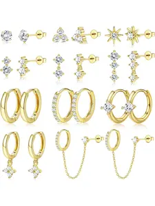 11/12 Pairs Hoop Earrings for Women Gold Plated Small Huggie Hoop Earrings Pack Hoop Earring Sets Trendy CZ Cartilage Stud Earrings Set for Multiple Piercings