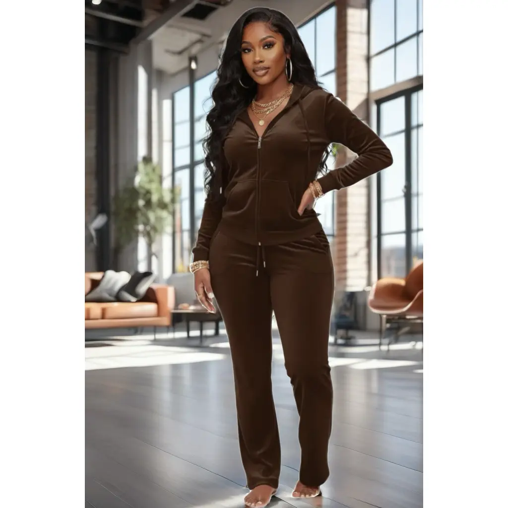 Plus Size Velour Zip Up Two Piece Hoodie & Sweatpants