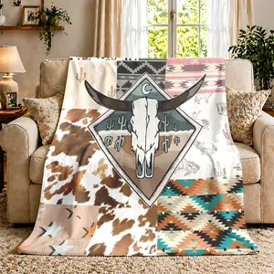 Lightweight Flannel Throw Blanket - Cow Print Blanket with Cute Cozy Western Themes, Rustic Cowhide, Southwestern Prints, Dark Cartoon Highland Cow, 6-Day Star Accent, Lola Virgin Mary Worm Detail - Ideal for Bed/Sofa, Girlfriend Gift, Throw Blankets