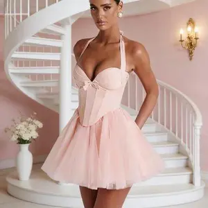 Sweet Boned Halter Tie Dress for Women: 2025 Summer New Style Lace Patchwork Waist-Cinching Tutu Skirt