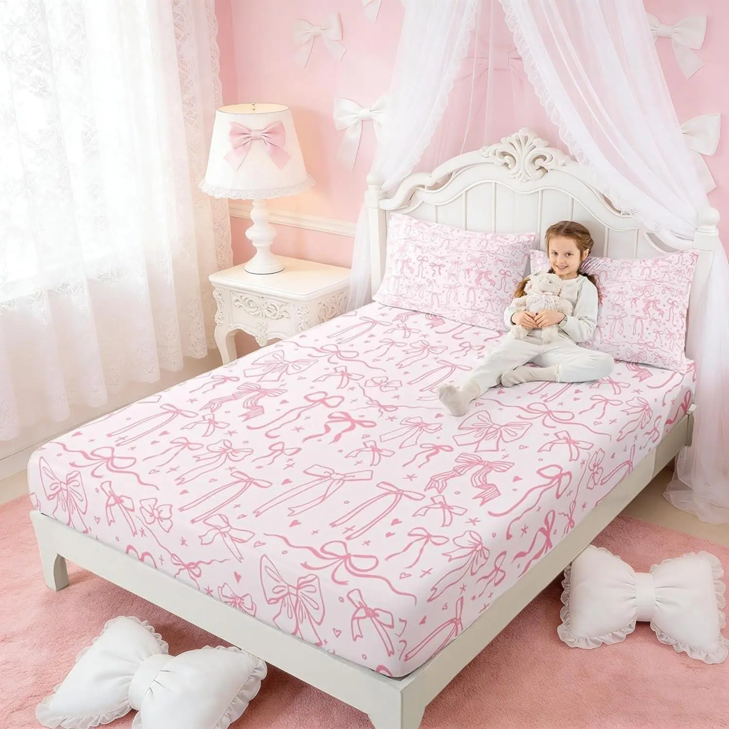 Pink Bowknot Kids Fitted Sheet,Princess Girl Bedding Set,Cartoon Bow Tie Butterfly Knot Bed Sheets Bow Stars Love Pink Sweet Girly Deep Pocket Sheet Child Teens Woman Room Decor