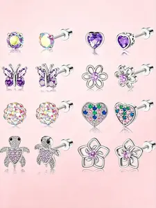8 Pairs Purple Skin-Friendly Internal Thread Stud Earrings for Women Men Alloy Stainless Steel Sparkling Zirconia Love Rainbow Wing Floral Patterns Threaded Studs Glossy Texture Smooth Lightweight Long-Time Wear Fine Polished Ear Piercing Jewelry