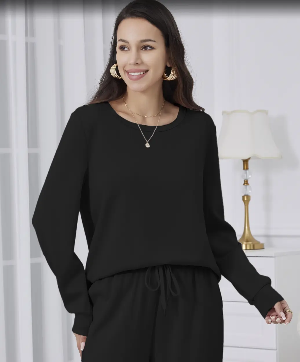 Women's Solid Color Round-Neck Sweatshirt