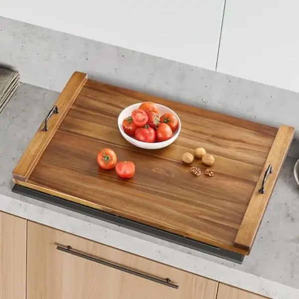 【GARVEE】30 x 22 Inch Acacia Wood Noodle Board Stove Cover with Handles, Wood Stove Top Cover Board for Electric Stove Gas Stove, Counter Space Sink Cover RV Stove Top Cover, Decorative Tray