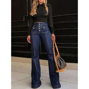 2025 Spring New Style Button High Waist Jeans Women's Slim Fashionable Temperament Elegant Flared Pants Trousers Denim Bell Bottoms Womenswear Blue