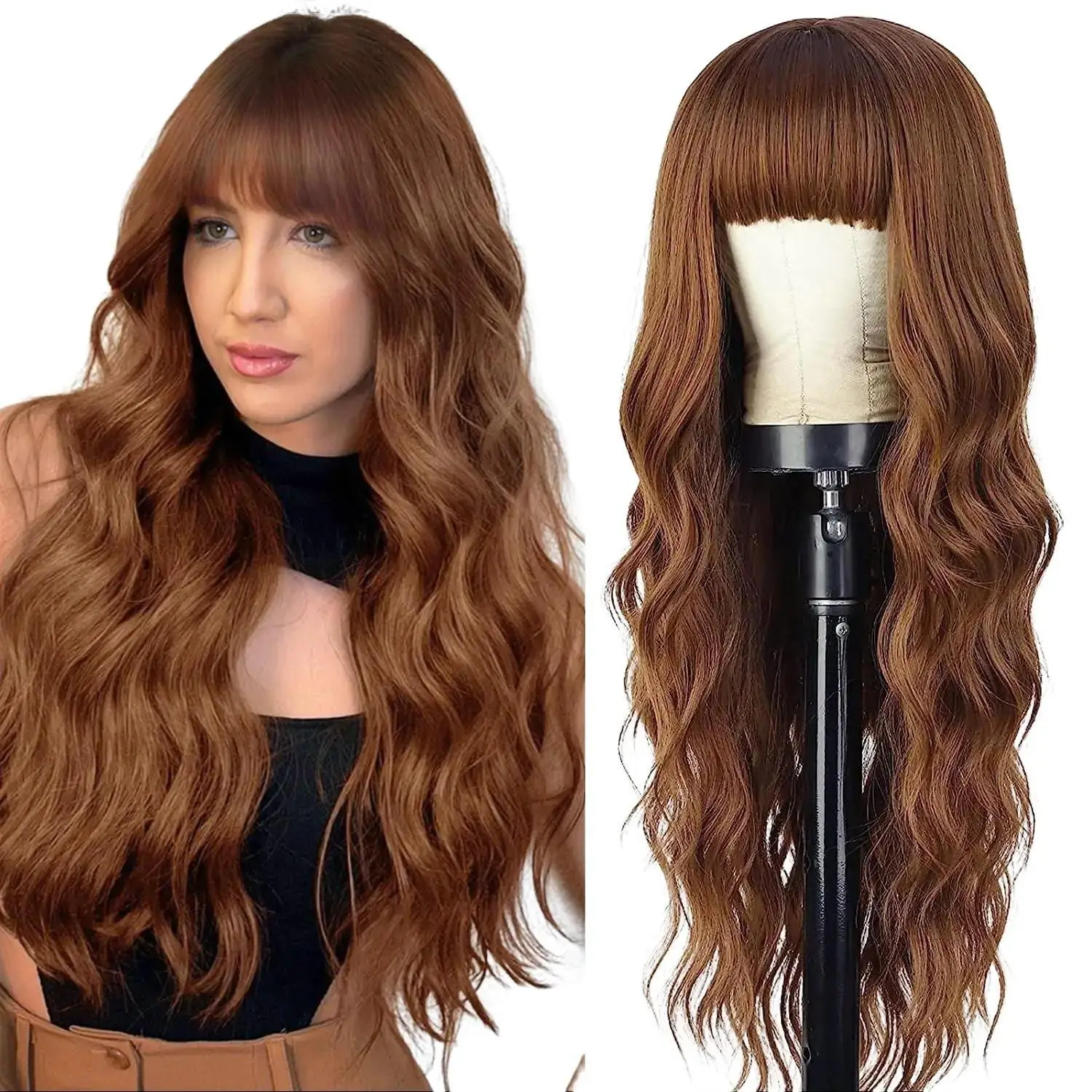 AISI HAIR FallFreshness Auburn Wig with Bangs Long Wavy Ginger Wig Natural Looking Heat Resistant Synthetic Curly Full Wigs for beginners Women Daily
