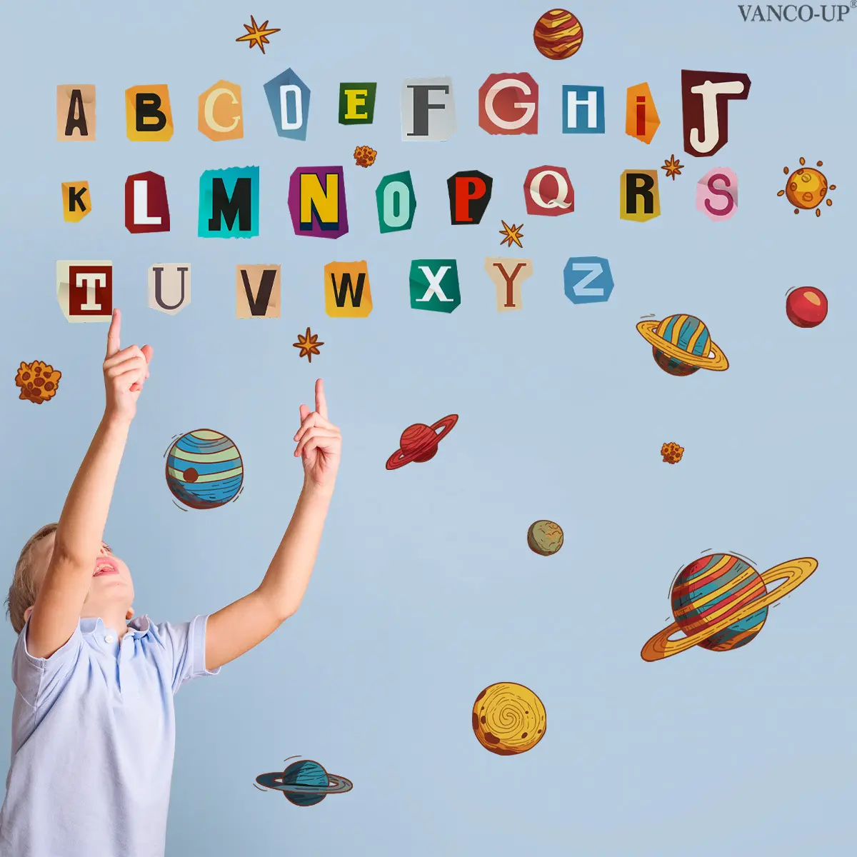 Set of 2 Pcs (30×60cm×2pcs) Cartoon Space Alphabet Kids Wall Stickers, Self-Adhesive 26 Letters & Planets Decor, Children's Room Decor Stickers, Sticker Packs