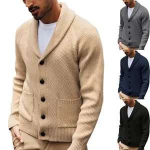 Mens Shawl Collar Cardigan Sweater Cable Knit Button Down Winter Chunky Sweaters with Pockets