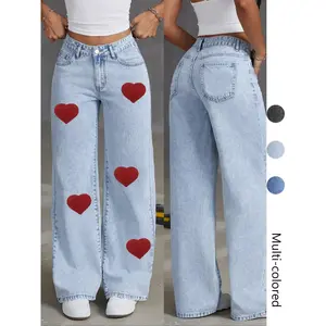 Women’s Embroidered Heart Pocket Button Jeans, Casual Fashion Comfortable Pants, Perfect for Everyday Wear, All-Season Essential, High Waist