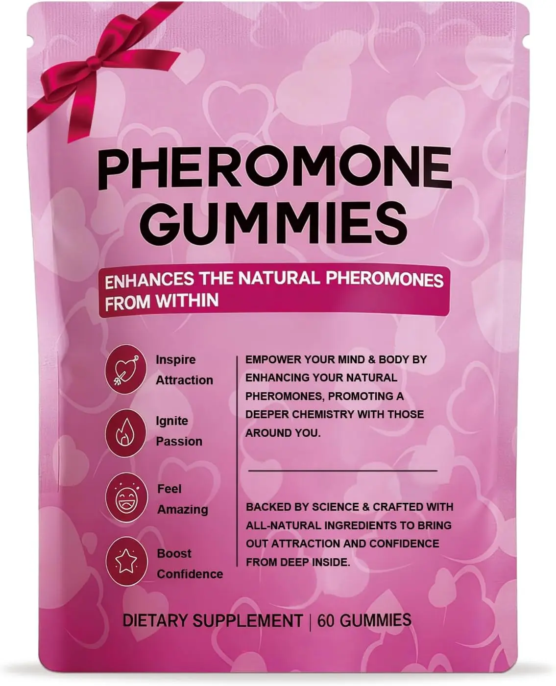 Pheromone Gummies for Women with Slippery Elm – Enhance Confidence & Attraction – Hormone Balance & Body Odor Support, Non-GMO, Sugar Free, Gluten-Free, Vegan, Strawberry Flavor, 60 Gummies Vitamin