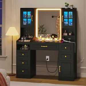 Sikaic LED Makeup Vanity with Mirror Charging Station Black