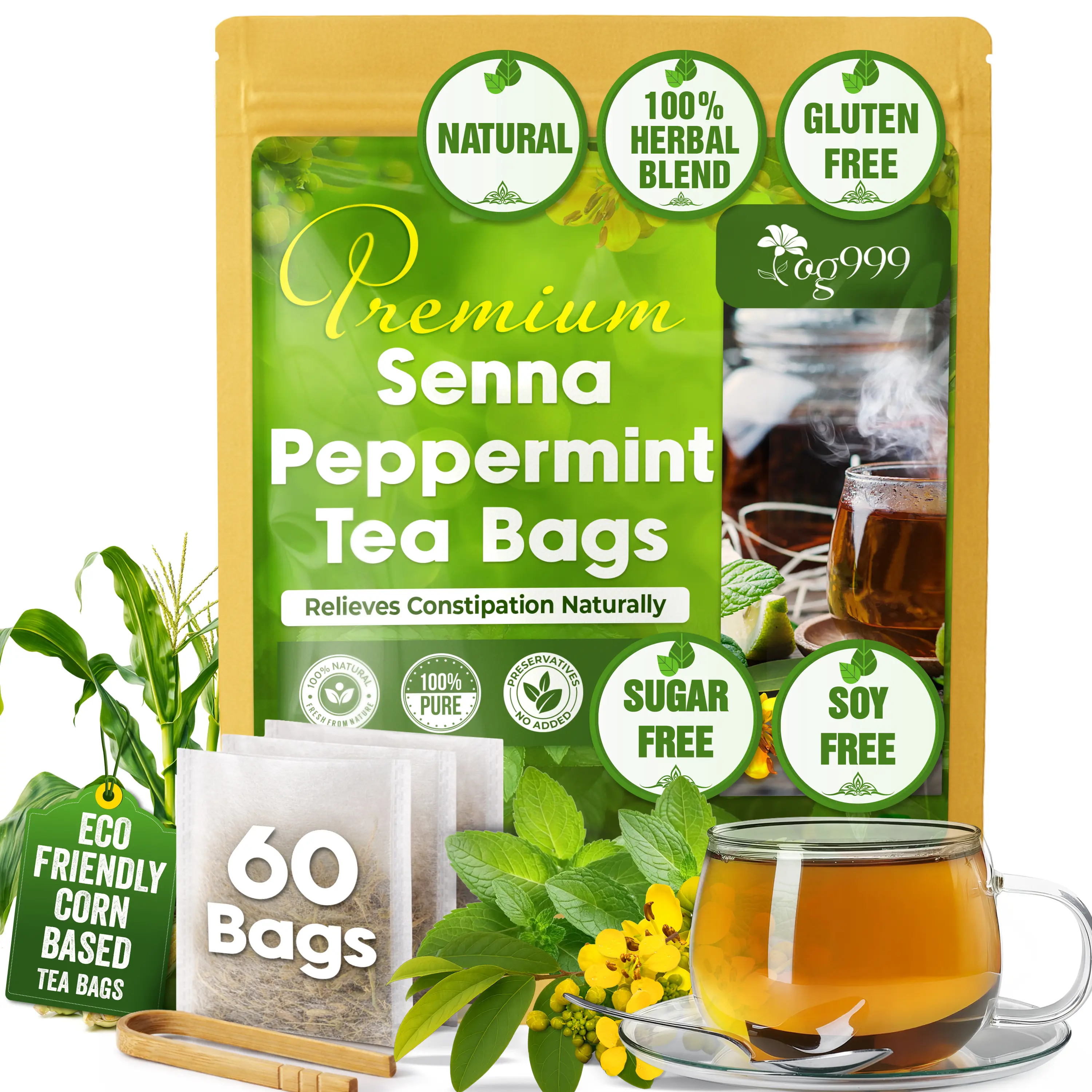 60 Tea Bags Relieves Constipation Natural Tea, Blend of Senna Leaves - Peppermint - Licorice - Fennel, 100% Natural Ingrendients, Hand-made Herbal Tea, No Sugar, No Caffeine, No Gluten, Vegan.