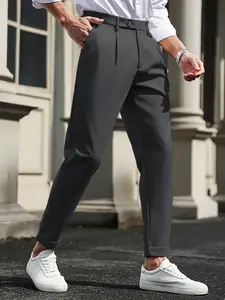 Men's Solid Color Plain Straight Leg Dress Pants Classical Plated Elastic Waist Long Pants with Pockets Soft and Breathable Commuting Going Out Work Life Club Wear Wedding Dress Pants