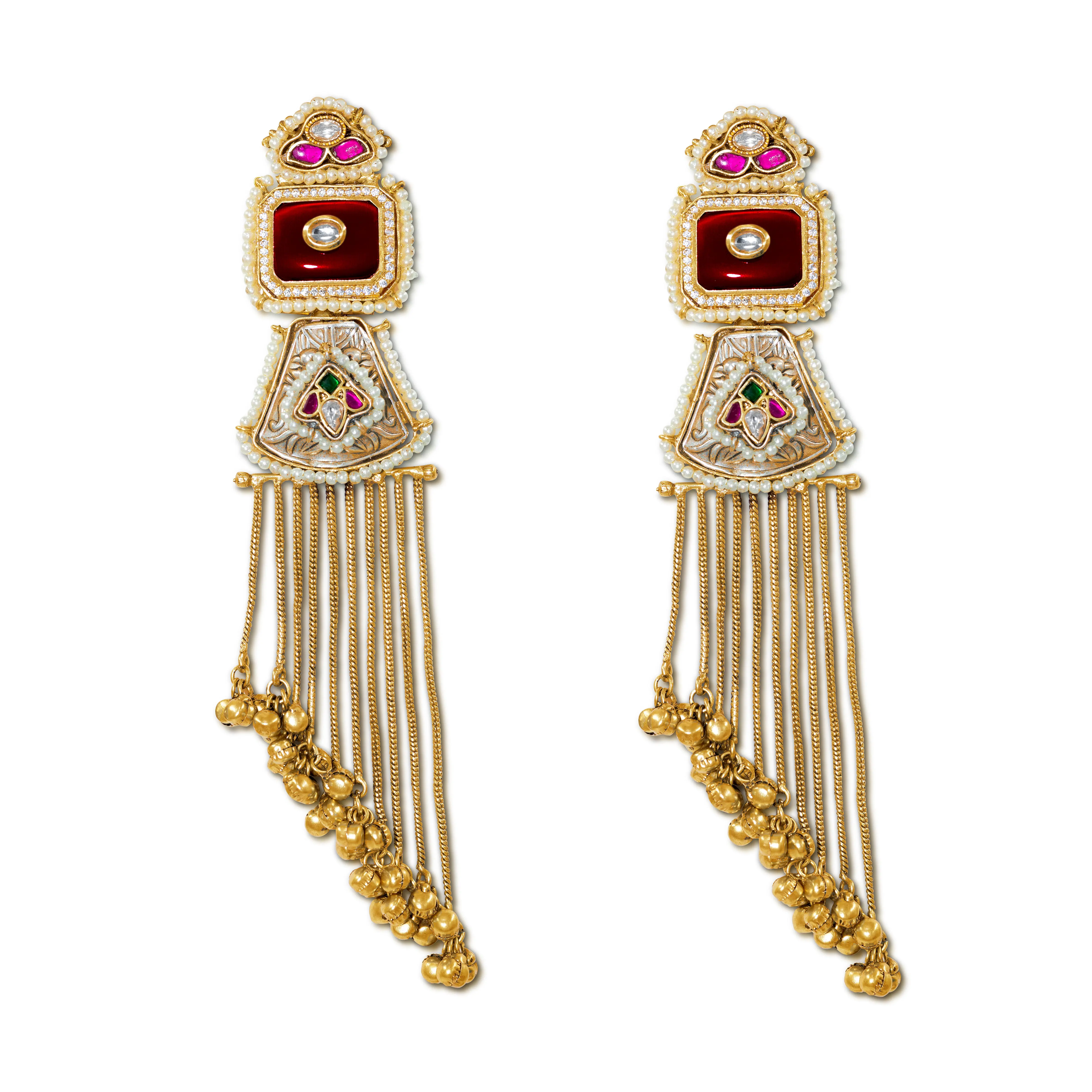 Female Ethnic Kashmiri Enamel Earrings with Kundan Detailing, Long Tassels, Festive Movement and Sound Statement Piece, Cultural Performance, Fashion, Ruby Red Enamel, Drop Earrings, Wedding