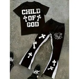 Two-piece set with a "God's Son" pattern — cross-print T-shirt and flared pants GARMENTARY
