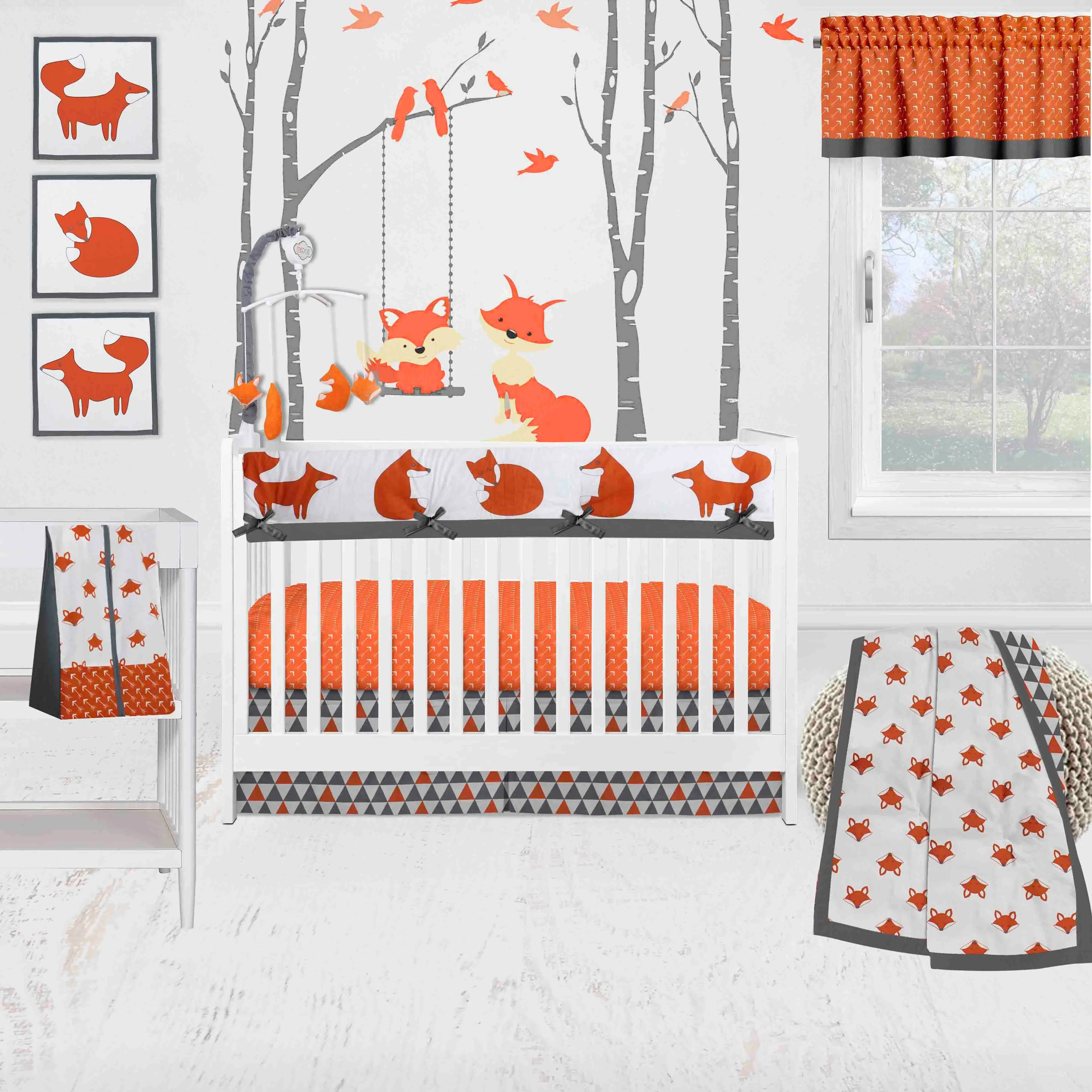 Bacati - Playful Fox 10-Piece Crib Bedding Set with Crib Rail Guard - Orange/Grey Unisex
