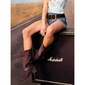 Cider FAUX SUEDE POINTED TOE CHUNKY HEELED BELTED BOOTS