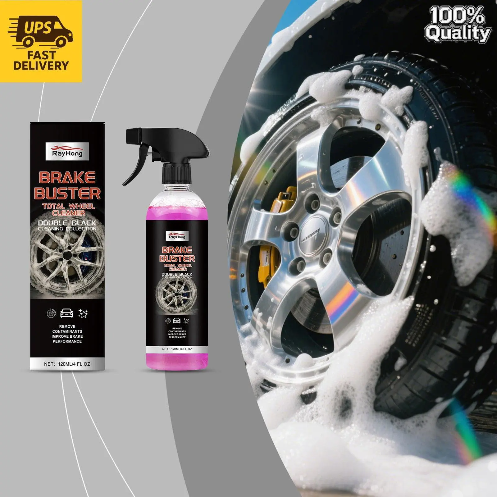 Car Brake Cleaner Spray Bottle - Sodium Gluconate & Dipropylene Glycol Methyl Ether Formula, Oil Removal, Metal Safe, Wheel Cleaning, Single Use for Wheel Disc Decontamination, Remove Brake Contaminants