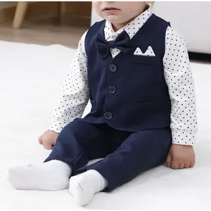 Toddler Baby Boy Gentleman Suit Polka Dot Long Sleeve Shirt, Vest, Bow Tie, Pants 4pcs Infant Classic Gentleman Tuxedo Wedding Banquet Formal Dress Clothing Comfortable And Soft Infant Baby Set