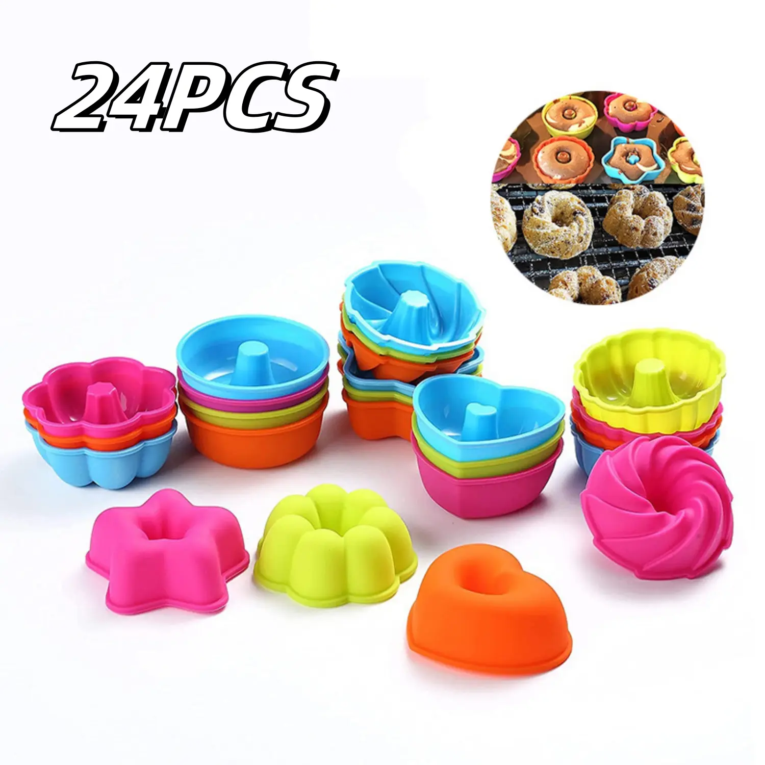 24PCS Food Grade Silicone Donut Molds Set - 2.95" Diameter Round Non-Stick Reusable Baking Cups, 6-Shapes Heat-Resistant Baking Pan for Birthday Party Donut Rings, Chocolate Molds