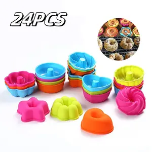 24PCS Donut Mold, 2.95" Diameter Mini Reusable Baking Cups, Non-Stick, 6 Shape Silicone Molds, Heat Resistant Bakeware for Bagel, Muffin, Jello and Cake Baking