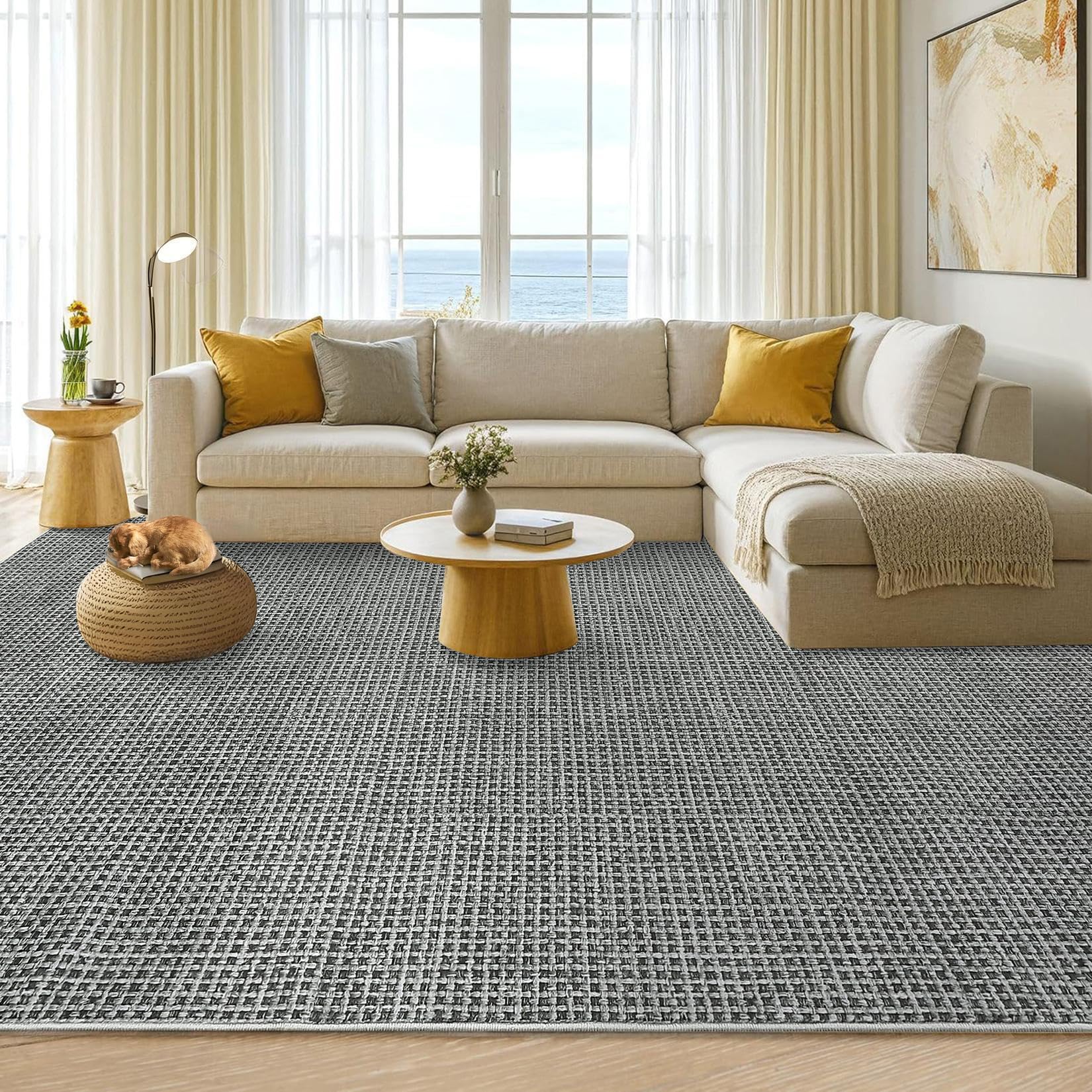 grey6*9 FT-Area Rugs, Washable Living Room Rugs Boho Non-Slip Dining Room Rug Soft Ultra Thin Waffle Print Large Bedroom Rugs Indoor Floor Carpet For