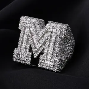 Best Quality Brilliant Rectangle Iced Out M Ring for Men Hip Hop M Initial Letter Round Cut  Ring for Unisex Jewelry