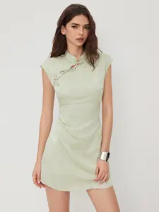 Cider Satin Mandarin Collar Floral Tie Front Ruched Mini Dress