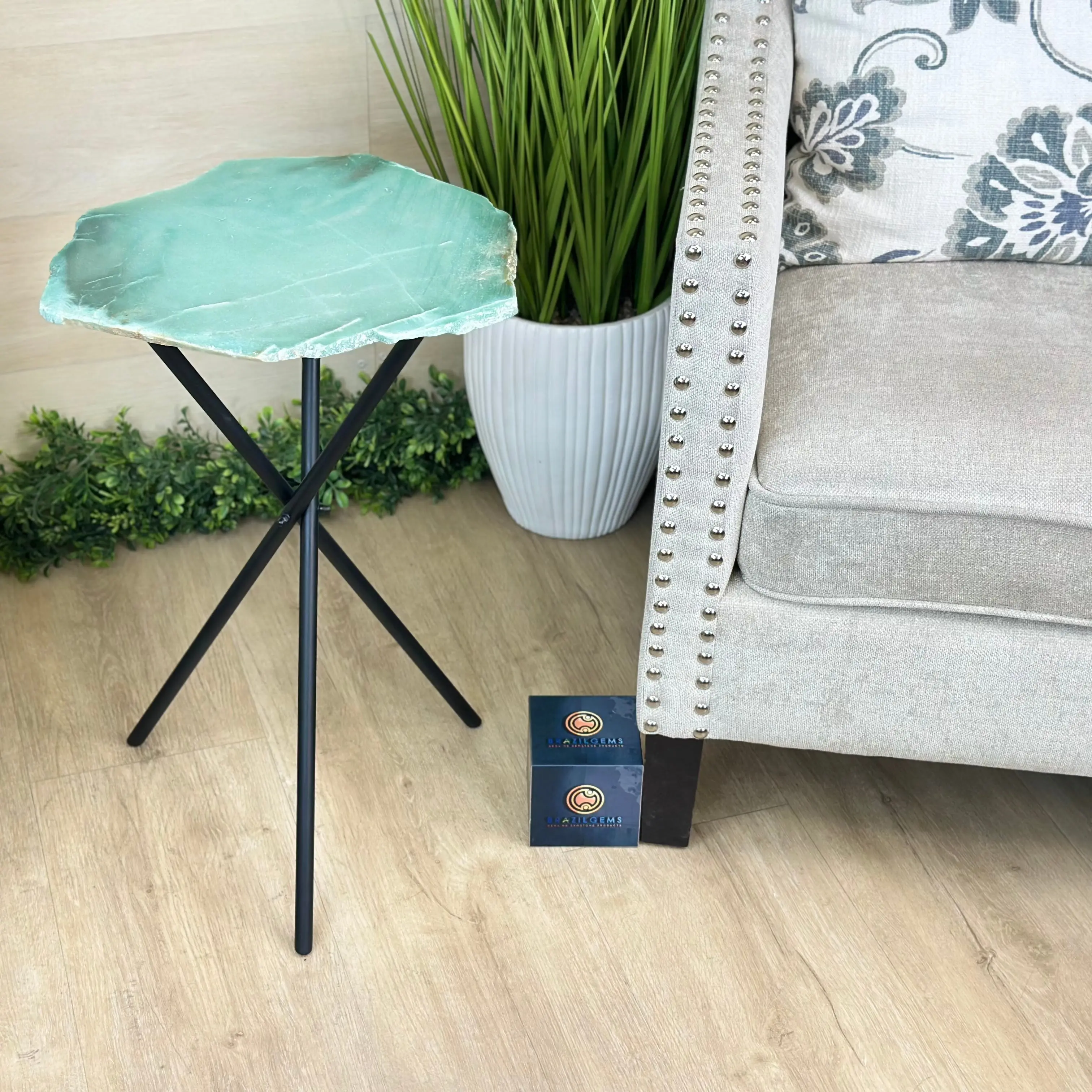 Natural Green Quartz Side Table on Black Metal Base, 23.4" Tall #1342GQ-005