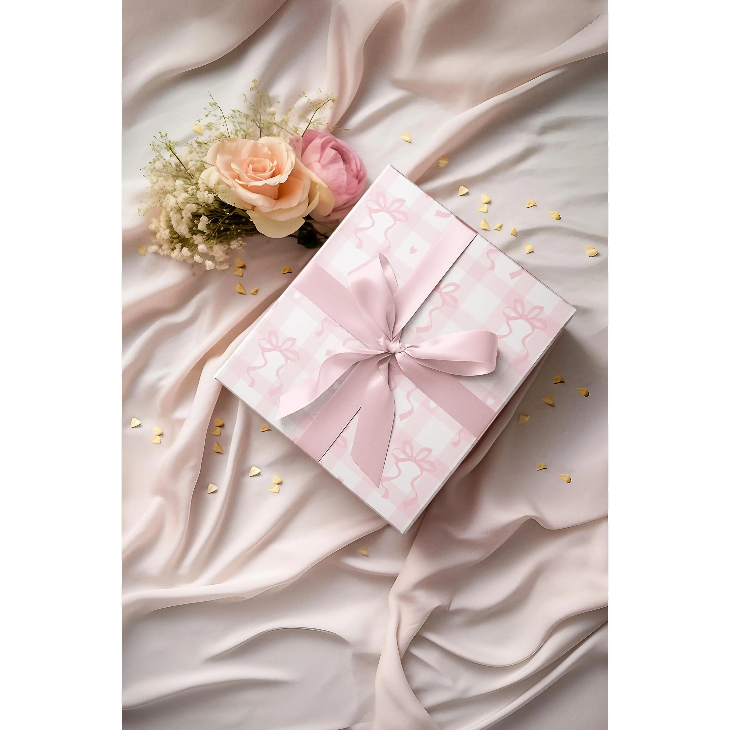 Delicate Pink Gingham Wrapping Paper, Coquette Bows, Gift Wrap for Birthdays, Baby Showers, Weddings, Cute Presents, Elegant Gifts , Best of gift, Meaningful gift. (Get 1 paper cutter when buying any 5 rolls)