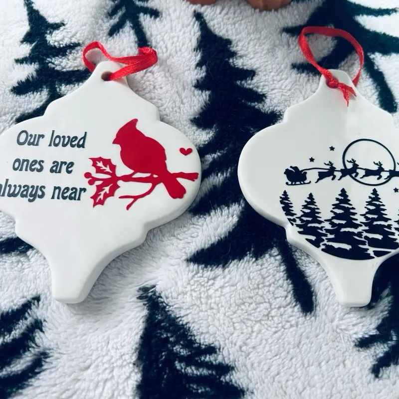 Ceramic Christmas Ornament with Cardinal and Santa Sleigh Designs for Festive Decor