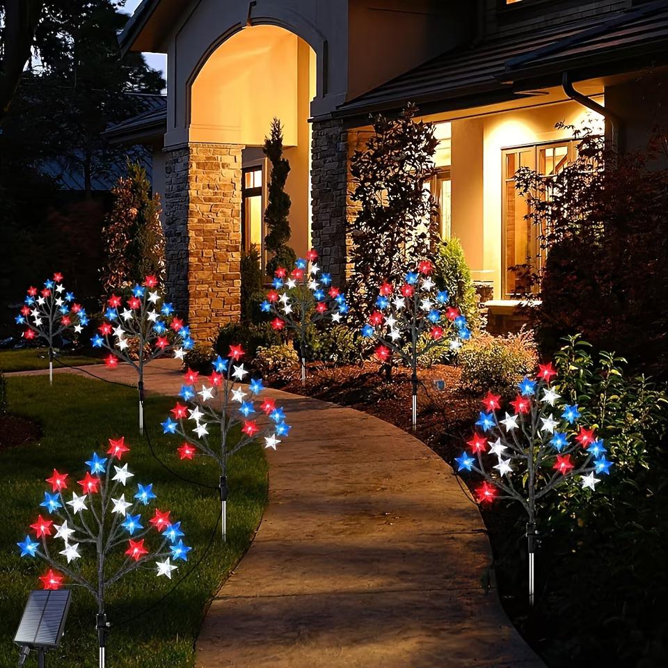Set of 5, July 4th Outdoor Decorative Solar Stake Lights, Patriotic Red, White, and Blue Star-Spangled Solar Lights, Waterproof Outdoor Fourth of July Lights, Perfect for the Fourth of July, Memorial Day, Gardens, Pathways, Yards, Sidewalks, and Parties S