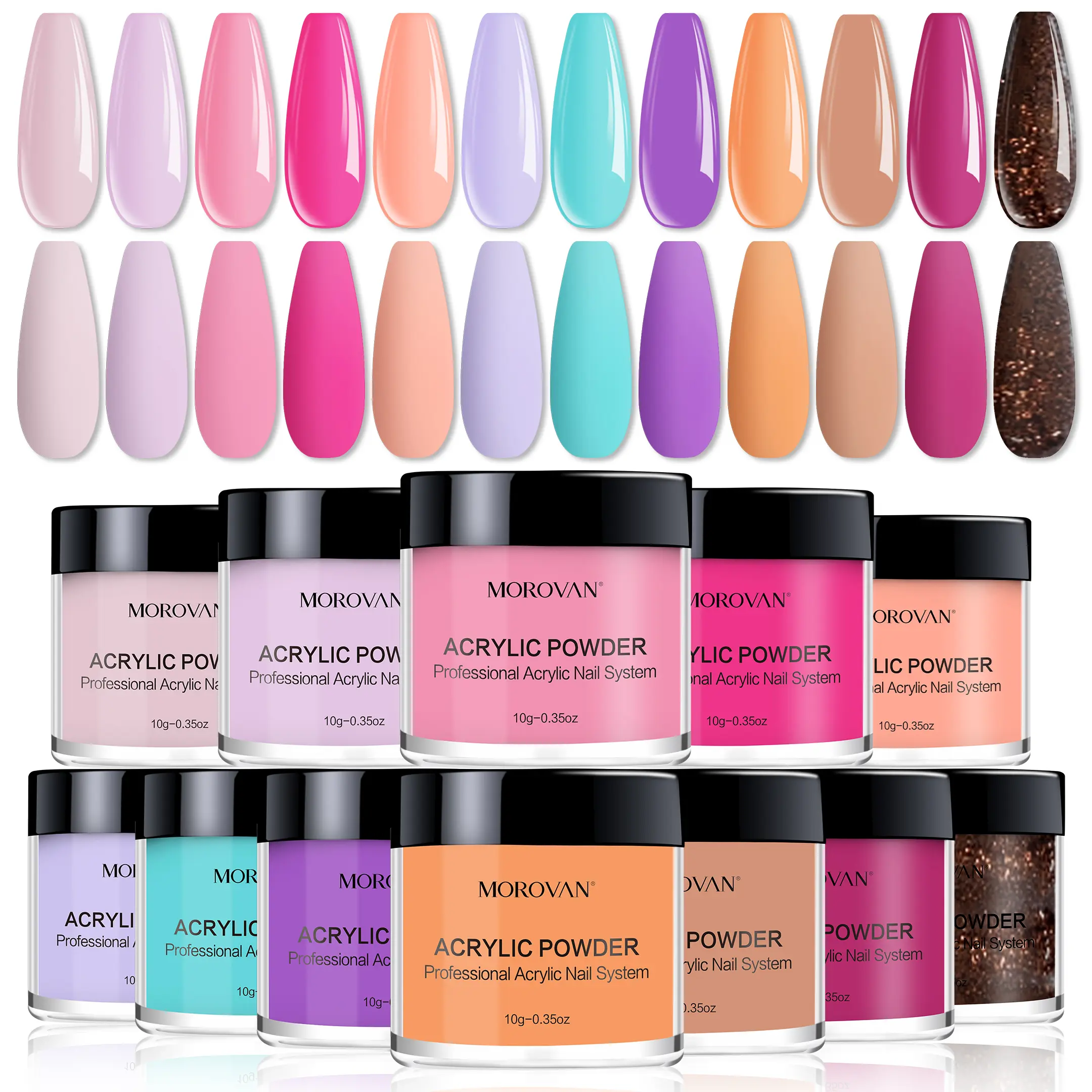 Morovan Premium Acrylic Nail Powder Collection, Silky Fine Fluffy Powder with Nude Pastel & Glam Glitter Shades, Ideal for Home DIY Manicure, Nail Sculpture & Extension, Universal Nail Art Kit for All Nail Enthusiasts