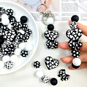 Silicone Beads kit,54pcs with Leopard Print Bow and Heart Themes for Jewelry Decoration Earrings  Chains Pens  Keychains DIY Kit Accessories new year and Valentine's Day Gifts