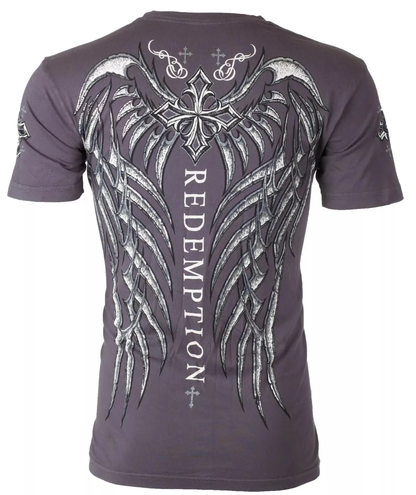 ARCHAIC by AFFLICTION Grey SPINE WINGS Short Sleeve Slim Fit Y2K T-shirt NWT