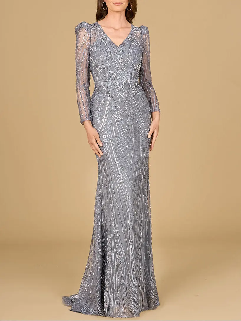 Long Sleeve Sheath Gown with Juliet Sleeves