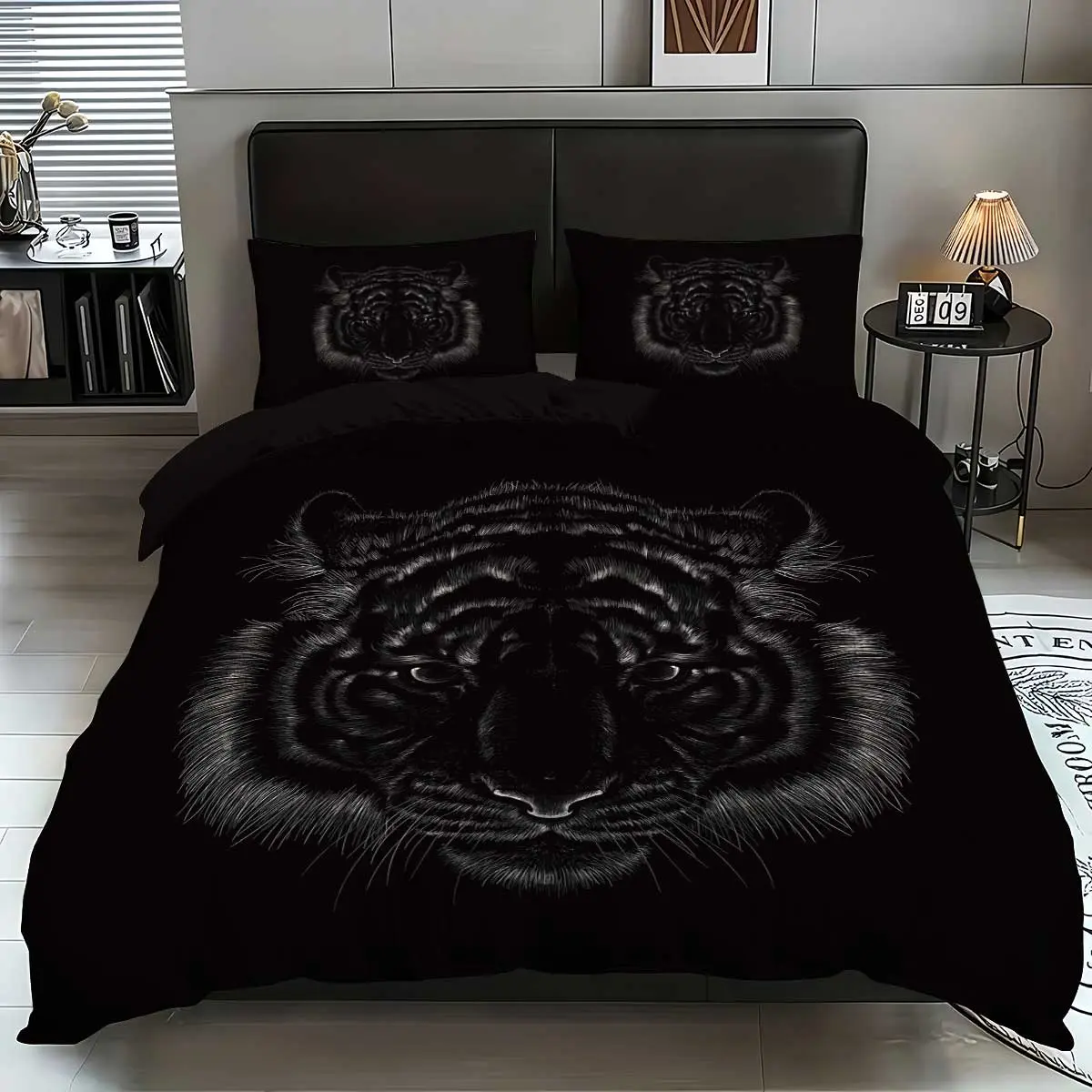 3pcs Black Tiger Print Bedding Set, Including 1 quilt cover & 2 Pillowcase, Soft Comfortable Bedding Set for Home, suitable for teenage and adult bedrooms, high-definition printing, machine washable bedding, Decorative Bedding Set Bed Sets