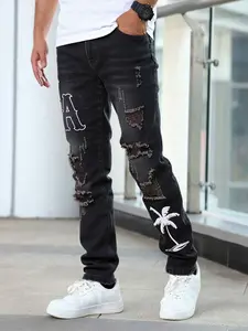 Black Jeans For Men Denim Pants Slim Fit Embroidery Ripped Streetwear Casual Summer Outfits Straight Leg Trousers Y2k Clothing