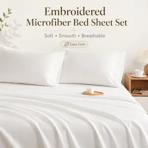 Embroidered Microfiber Bed Sheet Set, Super Soft and Cozy, Wrinkle, Fade, Stain Resistant, Deep Pocket Fitted Sheet, White