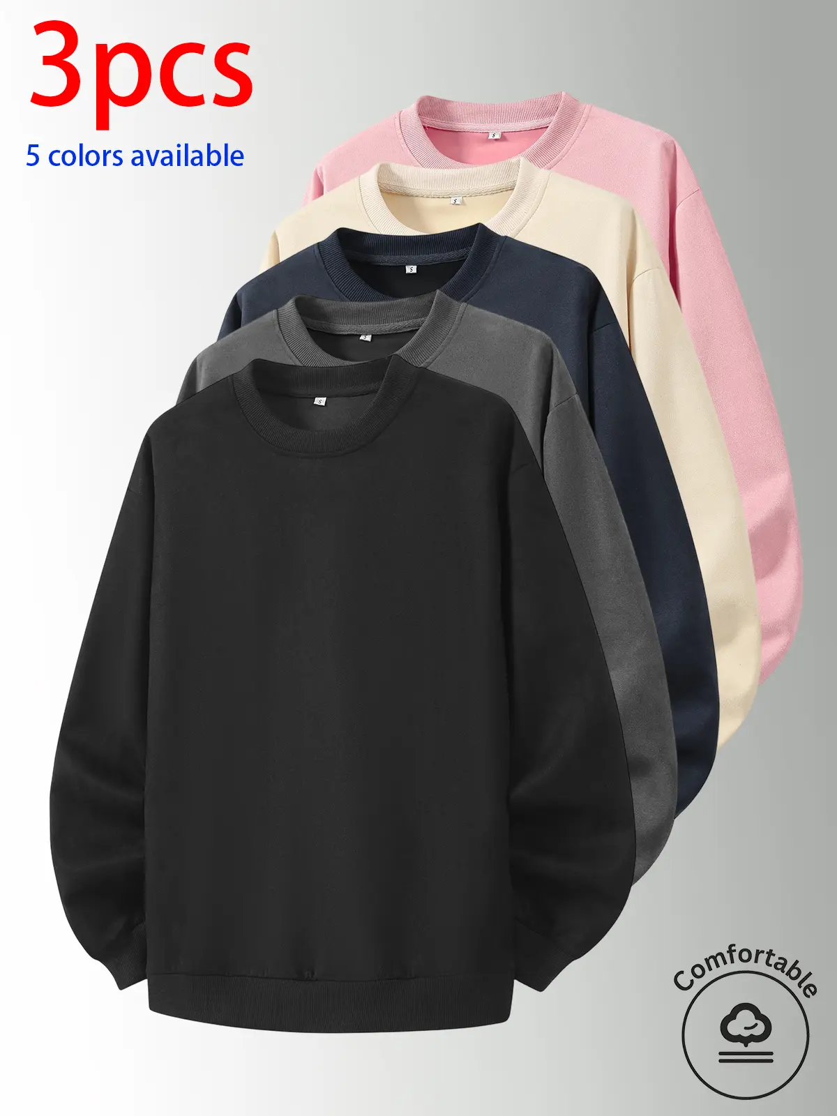 3-pack: men’s crewneck sweatshirt, men’s long-sleeve top, men’s pullover sweatshirt.Loose, comfortable fit; no print design; minimalist options available. Versatile for home, everyday casual wear, outdoor sports, campus, work, and commuting; suitable for