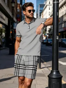 Men's Geometric Edge Polo Two-Piece Set, Solid Color Polo Shirt + Plaid Shorts, Casual Streetwear, Breathable Comfort, Golf & Summer Wear