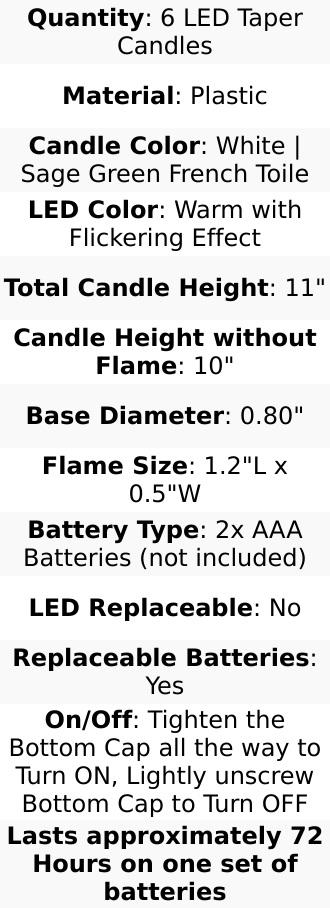 6-Pack LED Flameless Taper Candles – 11" Battery Operated Flickering, White & Sage Green French Toile Design