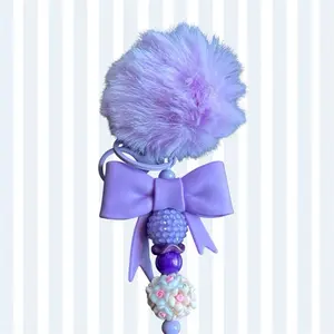 Fuzzy Keychains - Purple Fuzzy Ball with Bow and Beaded Decorations