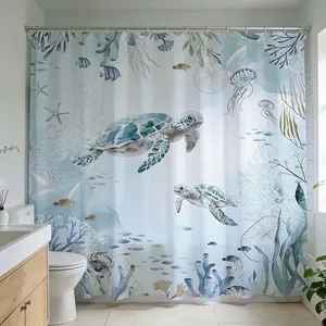 1 Pc Oceanic Serenity Bathroom Makeover Dive Into Underwater Bliss With Sea Turtle Shower Curtain, Waterproof Shower Curtain, Transform Your Space With Coastal Marine Life Design Perfect For Bathroom Renovation Home Decoration